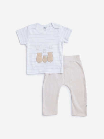 HOP Baby Beige Striped T-Shirt and Pants Set