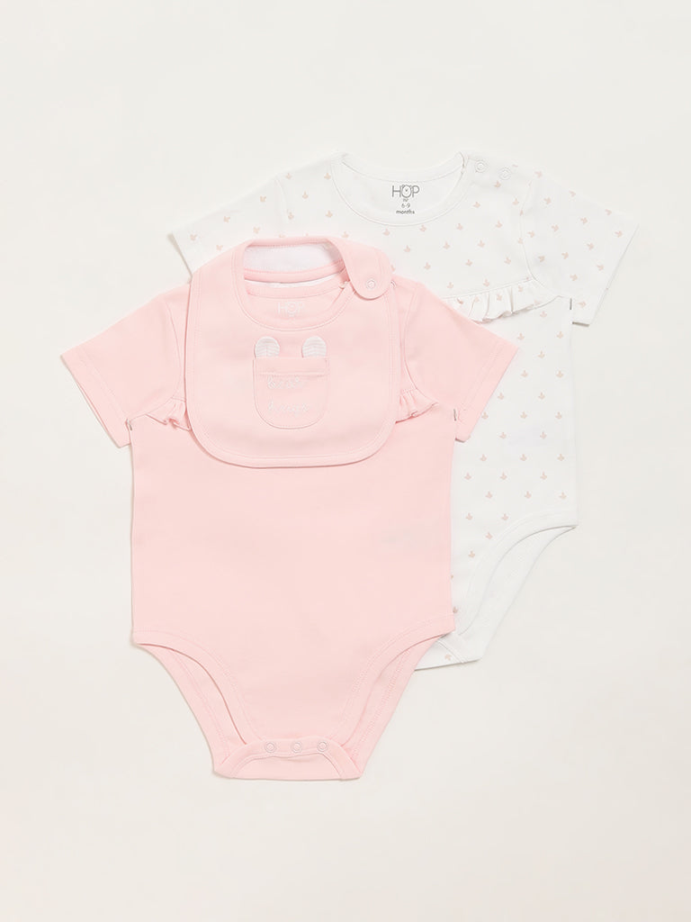 HOP Baby Pink & White Printed Rompers with Bib - Pack of 2