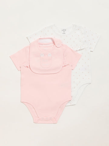 HOP Baby Pink & White Printed Rompers with Bib - Pack of 2