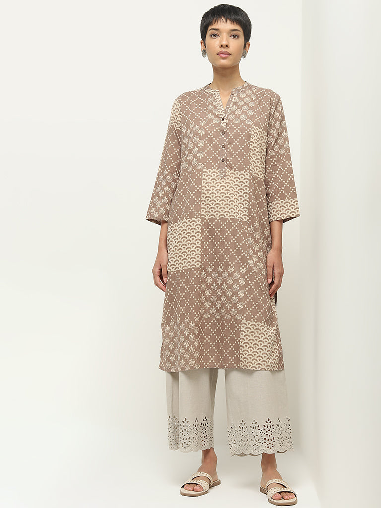 Utsa Taupe Patch Printed Straight Cotton Kurta