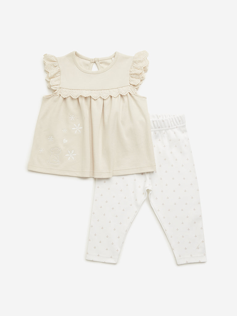 HOP Baby Beige Schiffli Design Top & Pants Set