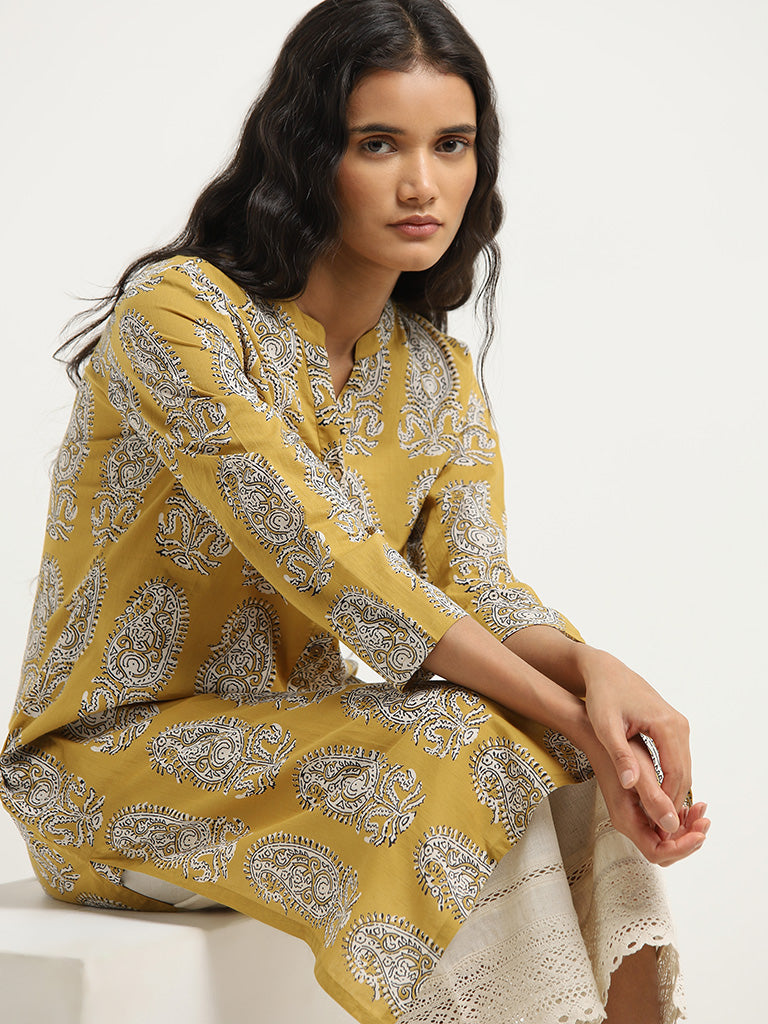 Utsa Mustard Paisley Printed Straight Cotton Kurta