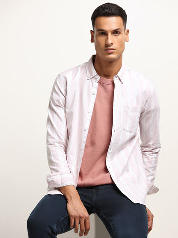 WES Casuals Pink Striped Slim Fit Shirt