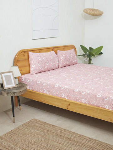 Westside Home Pink Floral Design Double Bed Fitted Sheet with Pillowcase Set