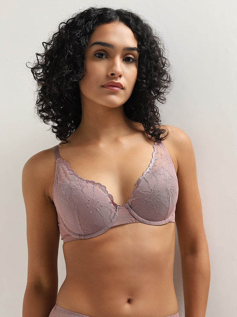 Wunderlove Mauve Floral Embroidered Plunge Wired Bra