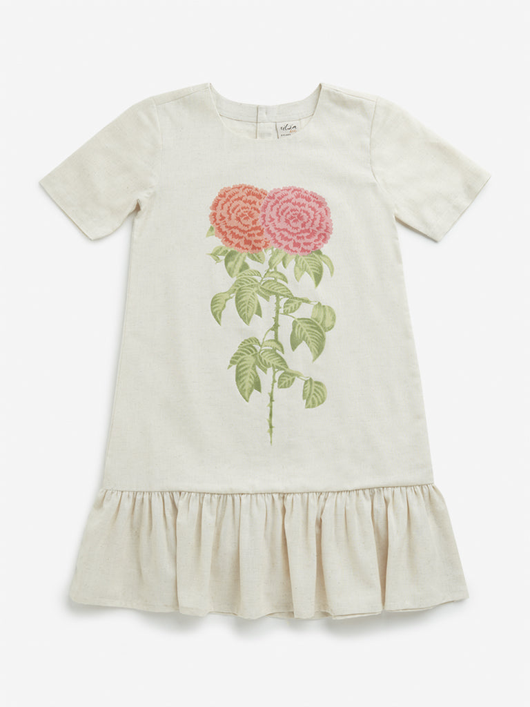 Utsa Kids Off-White Floral Printed Drop-Waist Cotton Blend Dress - (8-14 Years)