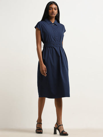 Wardrobe Navy Solid Cotton Shirt Dress with Belt