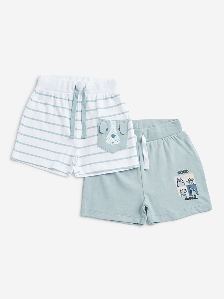 HOP Baby Teal & White Striped & Print Mid Rise Shorts - Pack of 2