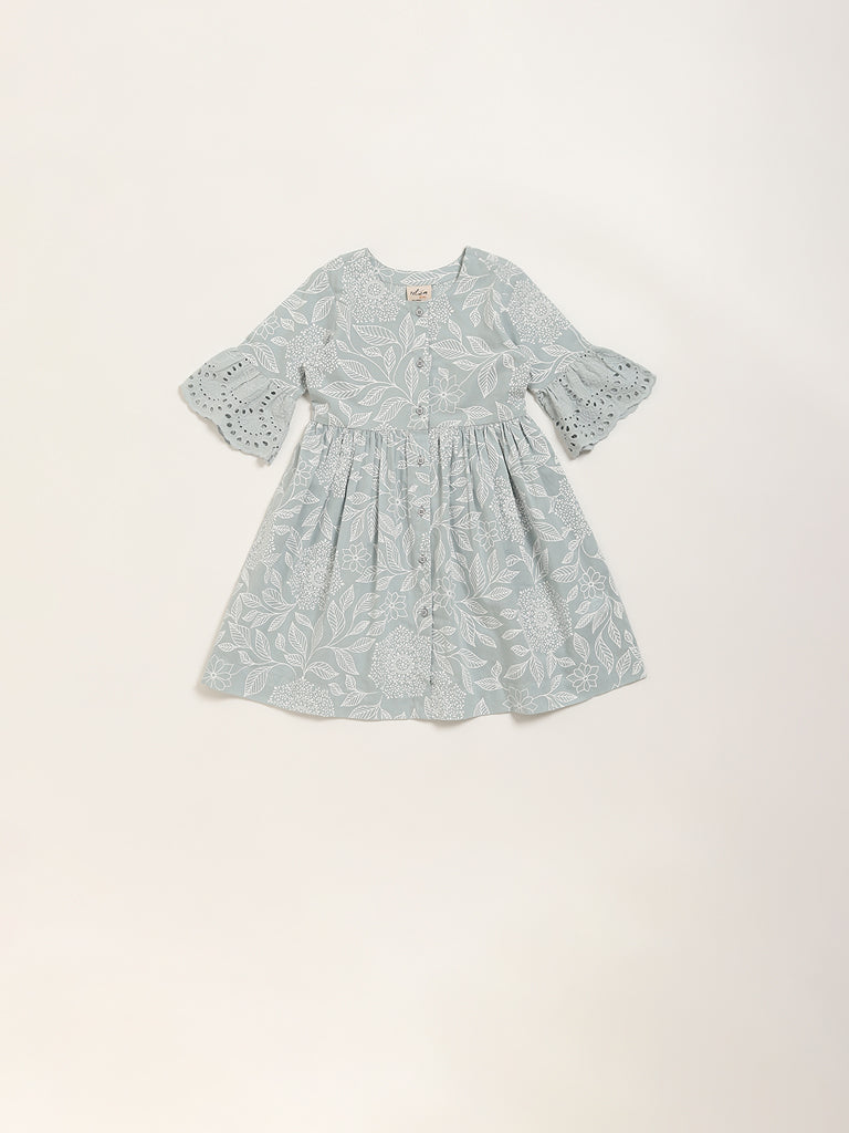 Utsa Kids Blue Foliage Printed A-Line Cotton Dress (2 - 8yrs)