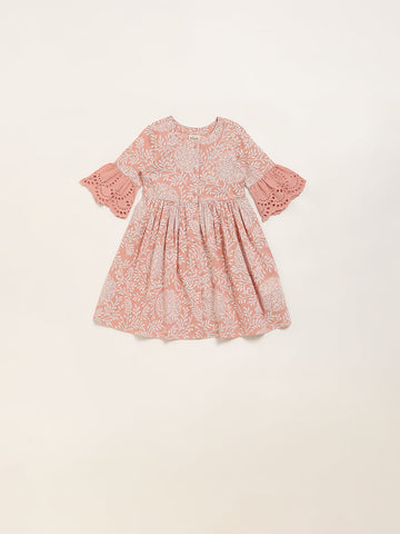 Utsa Kids Dull Pink Floral Design A-Line Cotton Dress (2 - 8yrs)