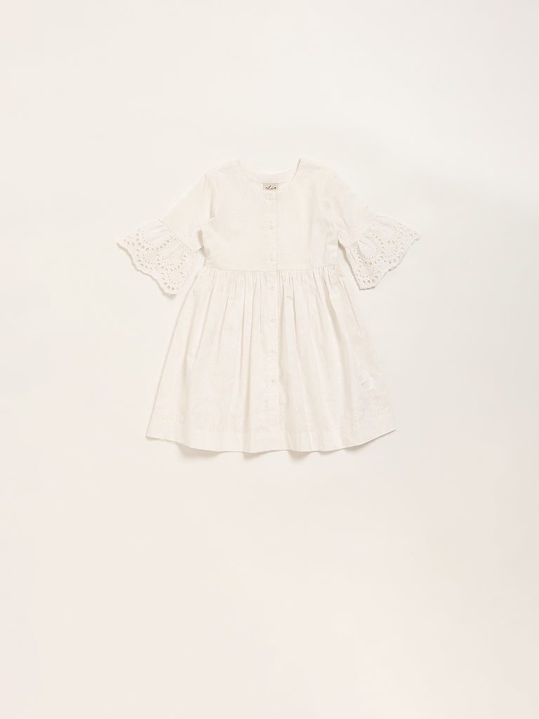 Utsa Kids White Botanical Design A-Line Cotton Dress (2 - 8yrs)