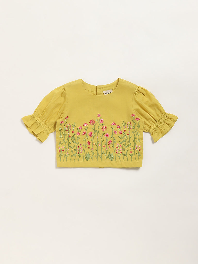 Utsa Kids Mustard Floral Embroidered Cotton Top (2 - 8yrs)