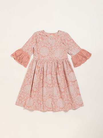 Utsa Kids Dull Pink Floral Design A-Line Cotton Dress (8 -14yrs)