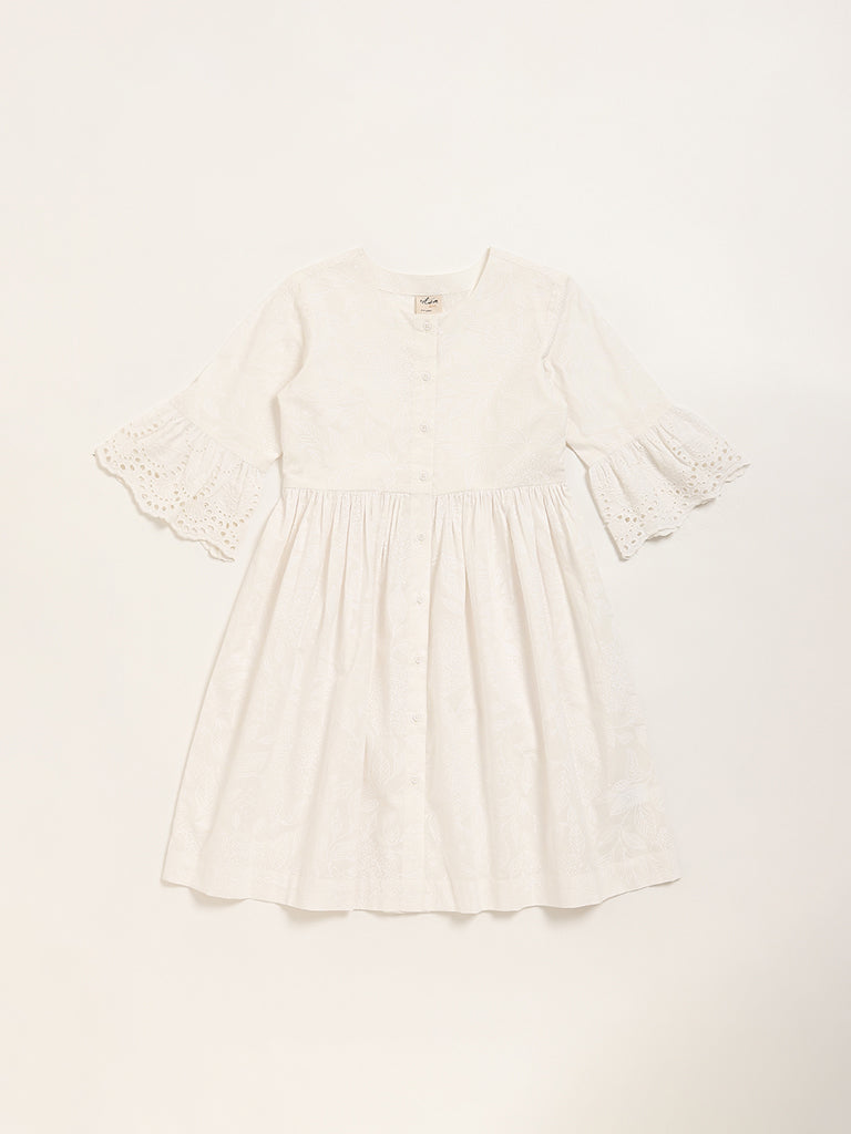 Utsa Kids White Botanical Design A-Line Cotton Dress (8 -14yrs)