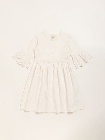 Utsa Kids White Botanical Design A-Line Cotton Dress (8 -14yrs)