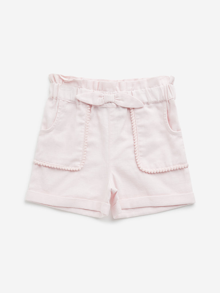 HOP Kids Light Pink Paperbag-Waist Mid-Rise Cotton Shorts