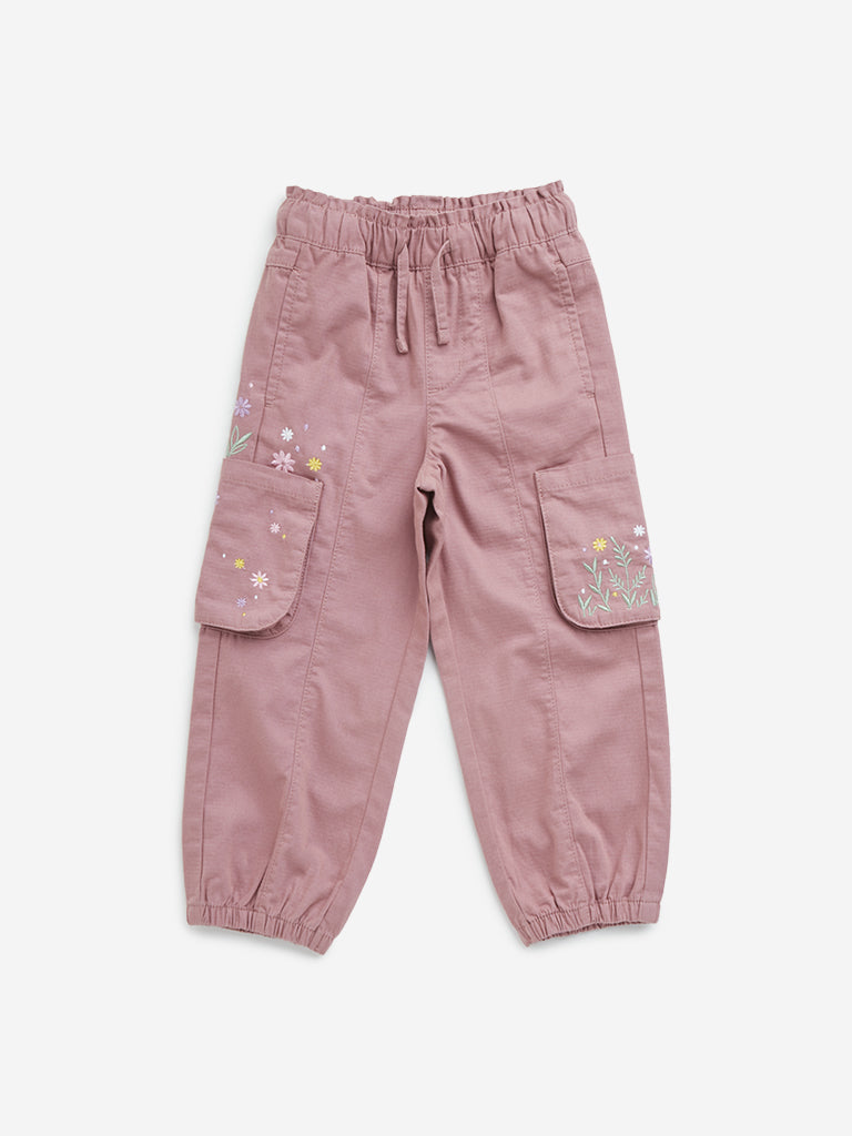 HOP Kids Dusty Pink Floral Embroidered High-Rise Cotton Joggers