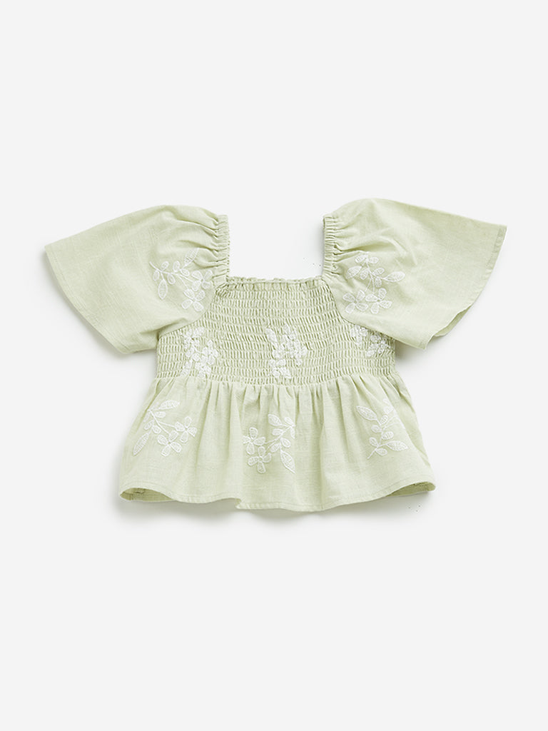 HOP Kids Sage Floral Embroidered Blended Linen Top