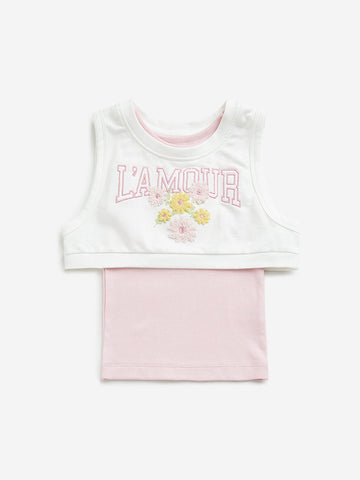 HOP Kids Pink Floral Embroidered Ribbed T-Shirt