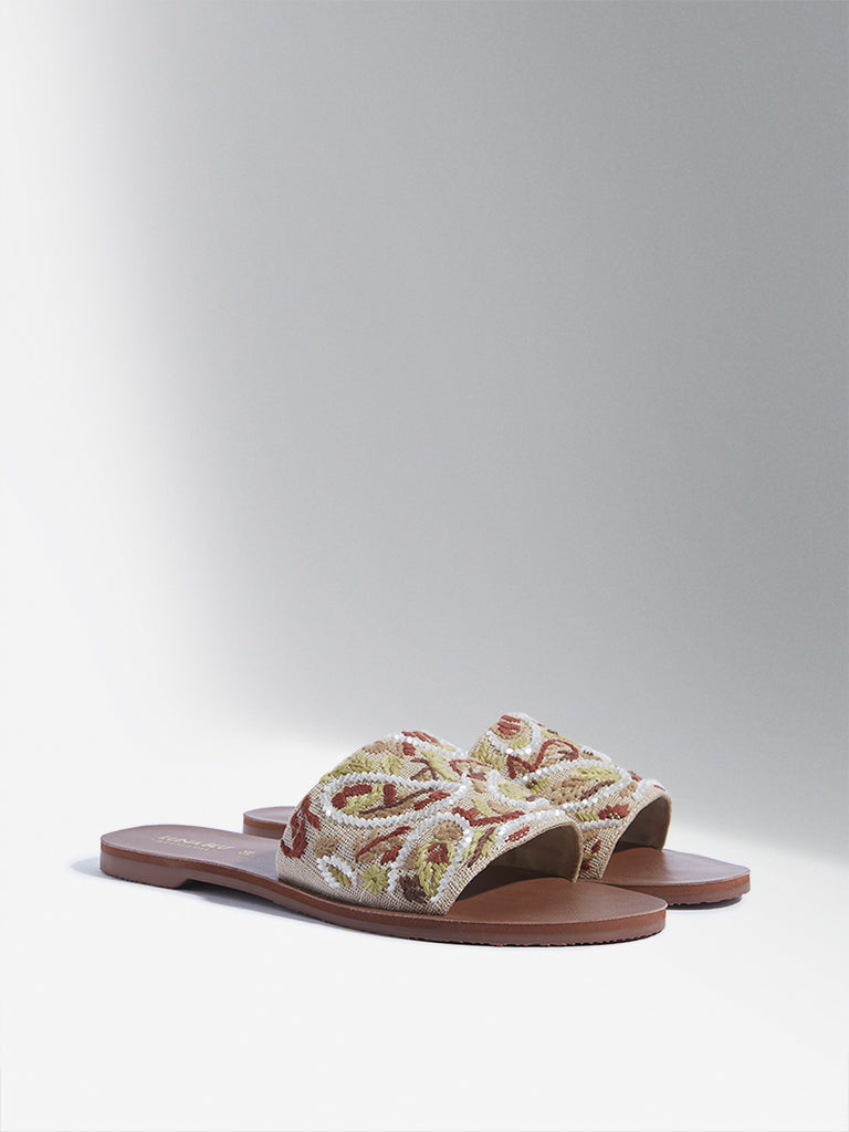 LUNA BLU Tan Paisley Embroidered Slides