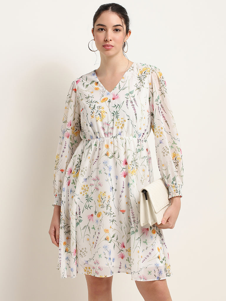 Wardrobe White Floral Printed A-Line Dress