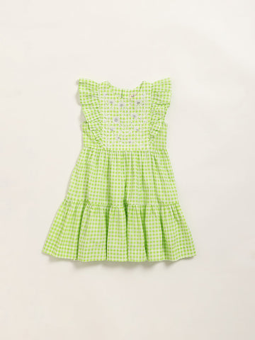 Utsa Kids Green Gingham Checkered Tiered Cotton Dress (2 - 8yrs)