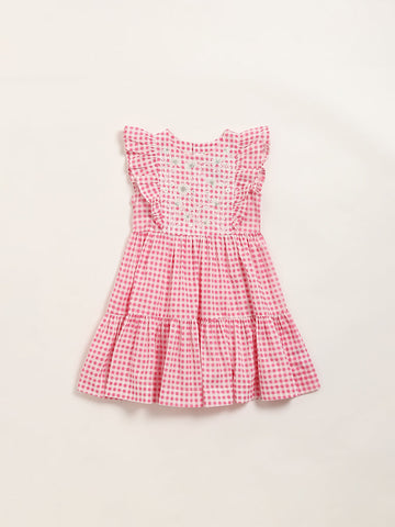 Utsa Kids Pink Gingham Checkered Tiered Cotton Dress (2 - 8yrs)