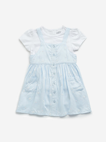 HOP Baby Light Blue Floral Embroidered Cotton Pinafore with Top Set