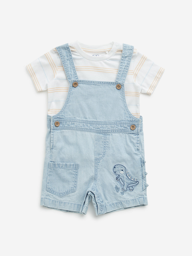 HOP Baby Blue Dinosaur Cotton Dungaree with T-Shirt Set