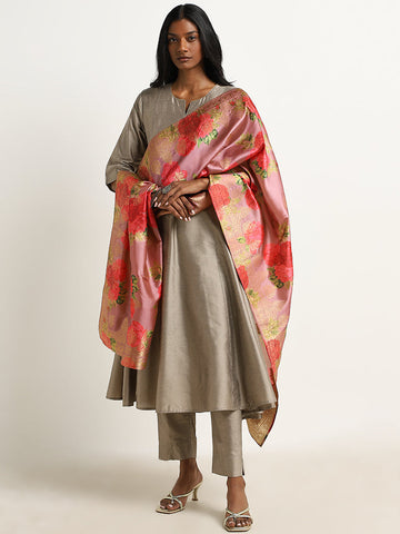 Vark Grey Floral Printed A-Line Kurta, Pants & Dupatta Set