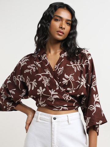 LOV Brown Floral Print Blended Linen Blouse