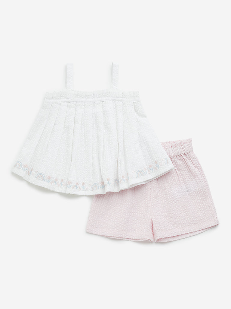 HOP Baby White & Pink Seersucker Cotton Top & Shorts Set