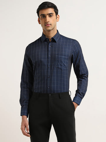 WES Formals Indigo Checks Printed Slim-Fit Cotton Shirt