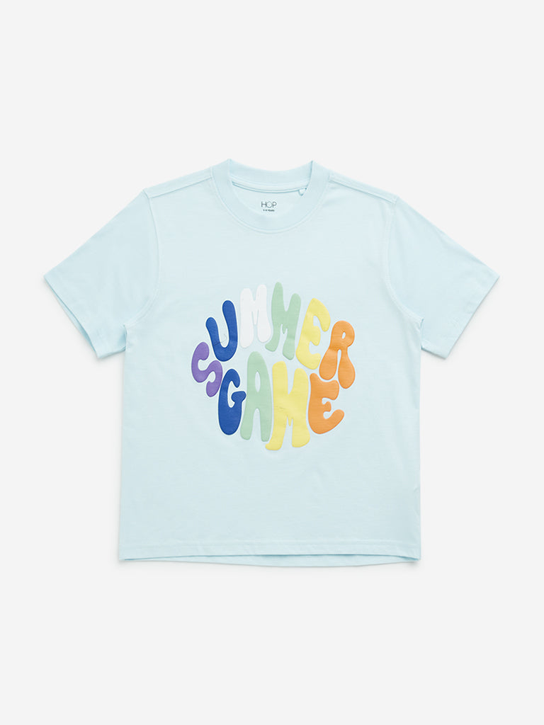 HOP Kids Light Blue Text Printed T-Shirt