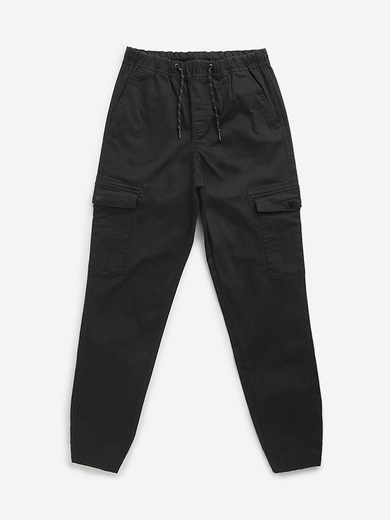 Y&F Kids Black Cargo-Style Mid-Rise Cotton Blend Joggers