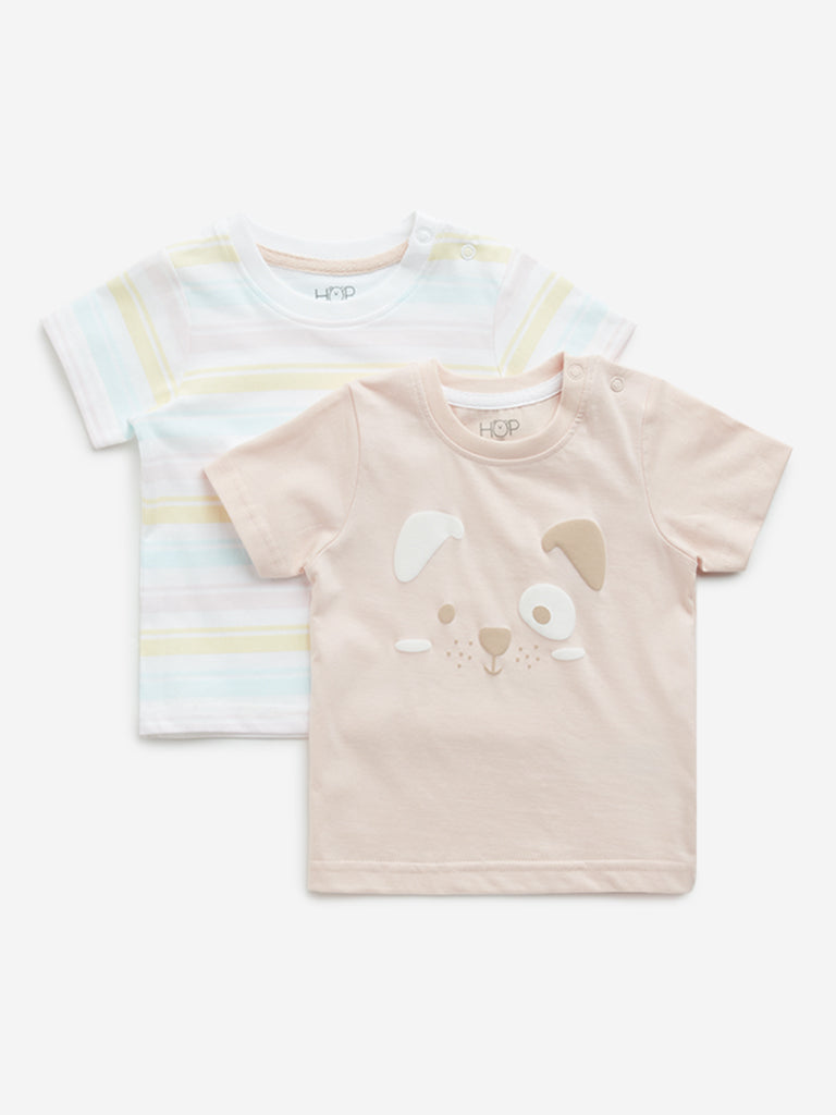 HOP Baby Peach Printed Cotton T-Shirts - Pack of 2