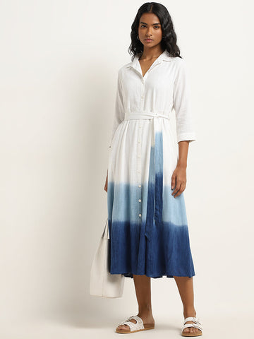 LOV White Ombre Blended Linen Shirt Dress with Belt