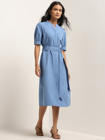 Wardrobe Blue Solid Straight Dress with Belt