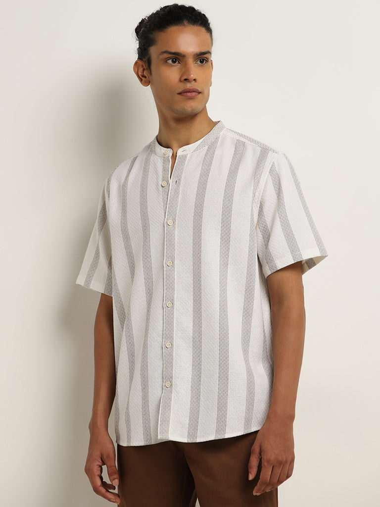 ETA Off-White Striped Design Resort-Fit Cotton Shirt