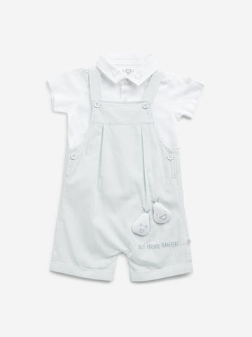 HOP Baby Mint Striped Cotton Dungaree with Shirt Set