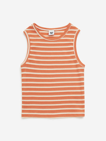 Y&F Kids Orange Striped Ribbed Textured Cotton Top