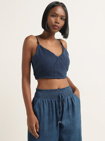 Bombay Paisley Navy Knit-Textured Cotton Crop Top