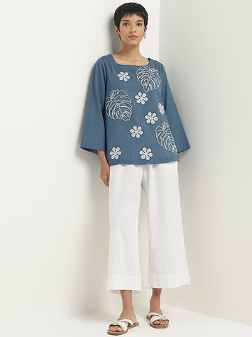 Utsa Dusty Blue Foliage Printed A-Line Blended Linen Kurti