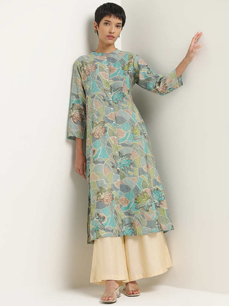 Utsa Turquoise Geometrical Design A-Line Kurta