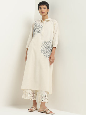 Utsa Off-White Embroidered A-Line Cotton Blend Kurta