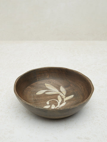 Westside Home Brown Leaf Design Wooden Bowl - Large