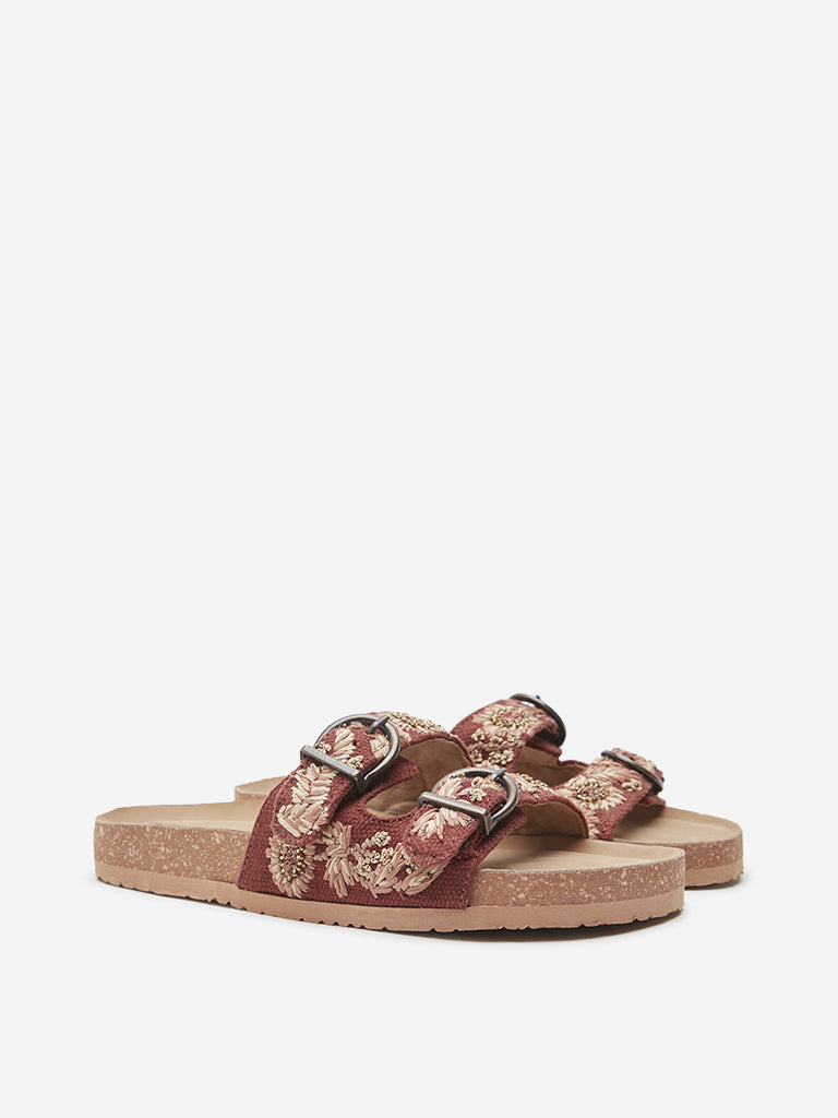 LUNA BLU Tan Floral Embroidered Slip-On Sandals