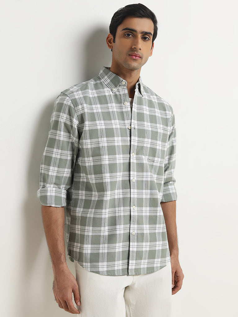 WES Casuals Sage Checks Design Relaxed-Fit Cotton Shirt