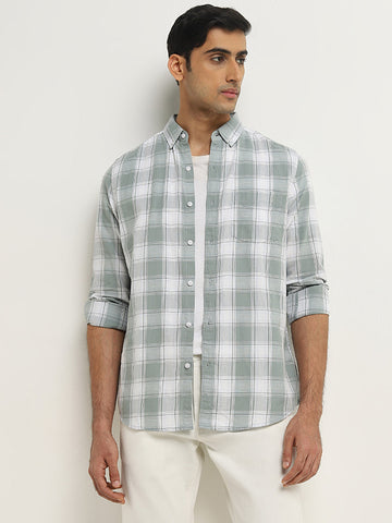 WES Casuals Light Green Checkered Slim-Fit Cotton Shirt