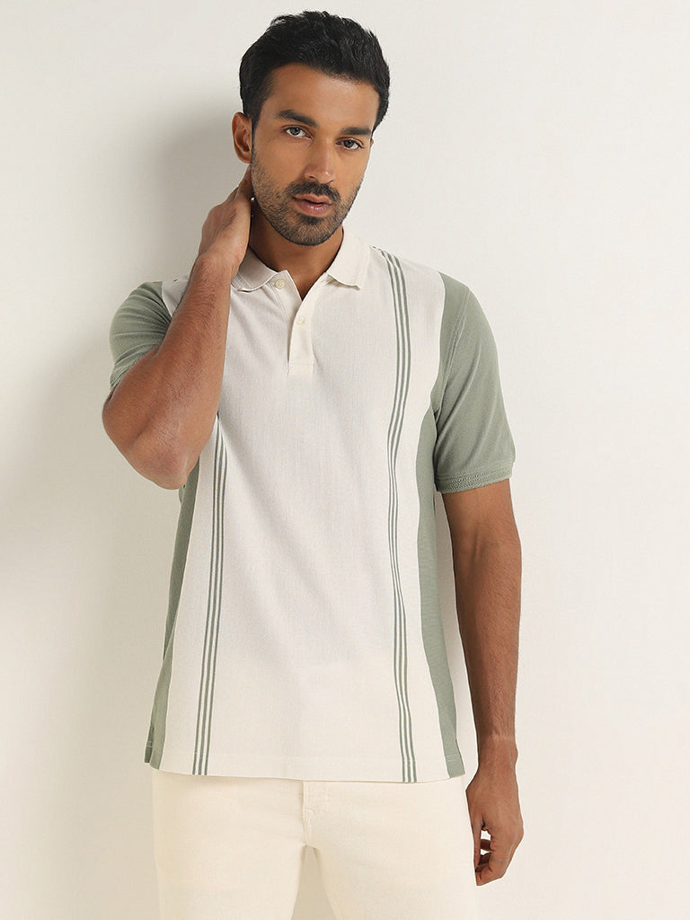 WES Casuals Sage Colour-Blocked Relaxed-Fit Polo T-Shirt